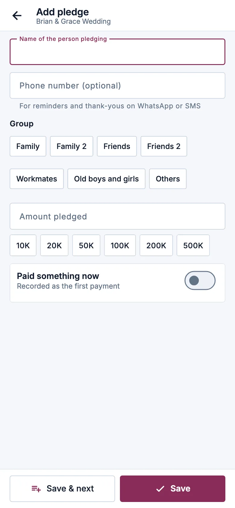 Adding a pledge in Pledge & Budget: the event, the name and the amount.